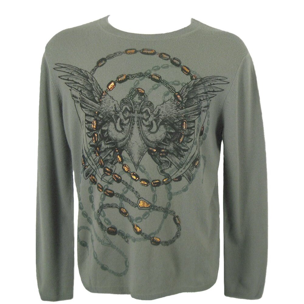 NEW $335 Neiman Marcus Cashmere Sweater! Green With Copper Sword Design Slim Fit